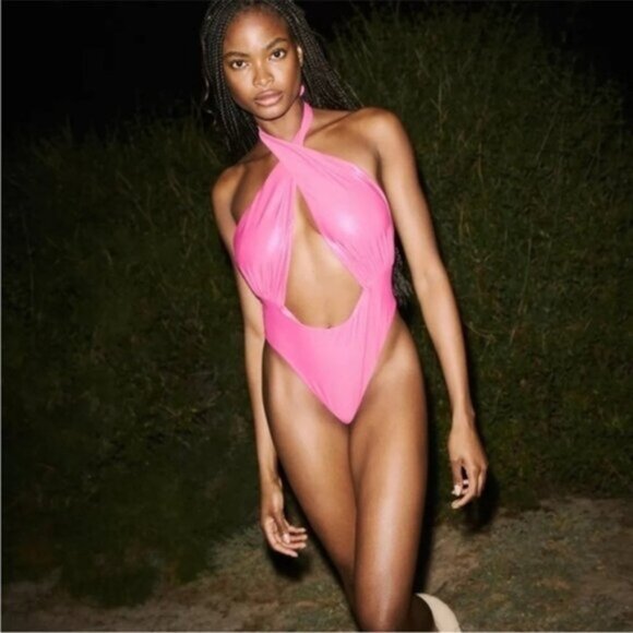 Urban Outfitters | Out From Under Marina Halter One Piece Swimsuit Metallic Pink - Picture 3 of 6